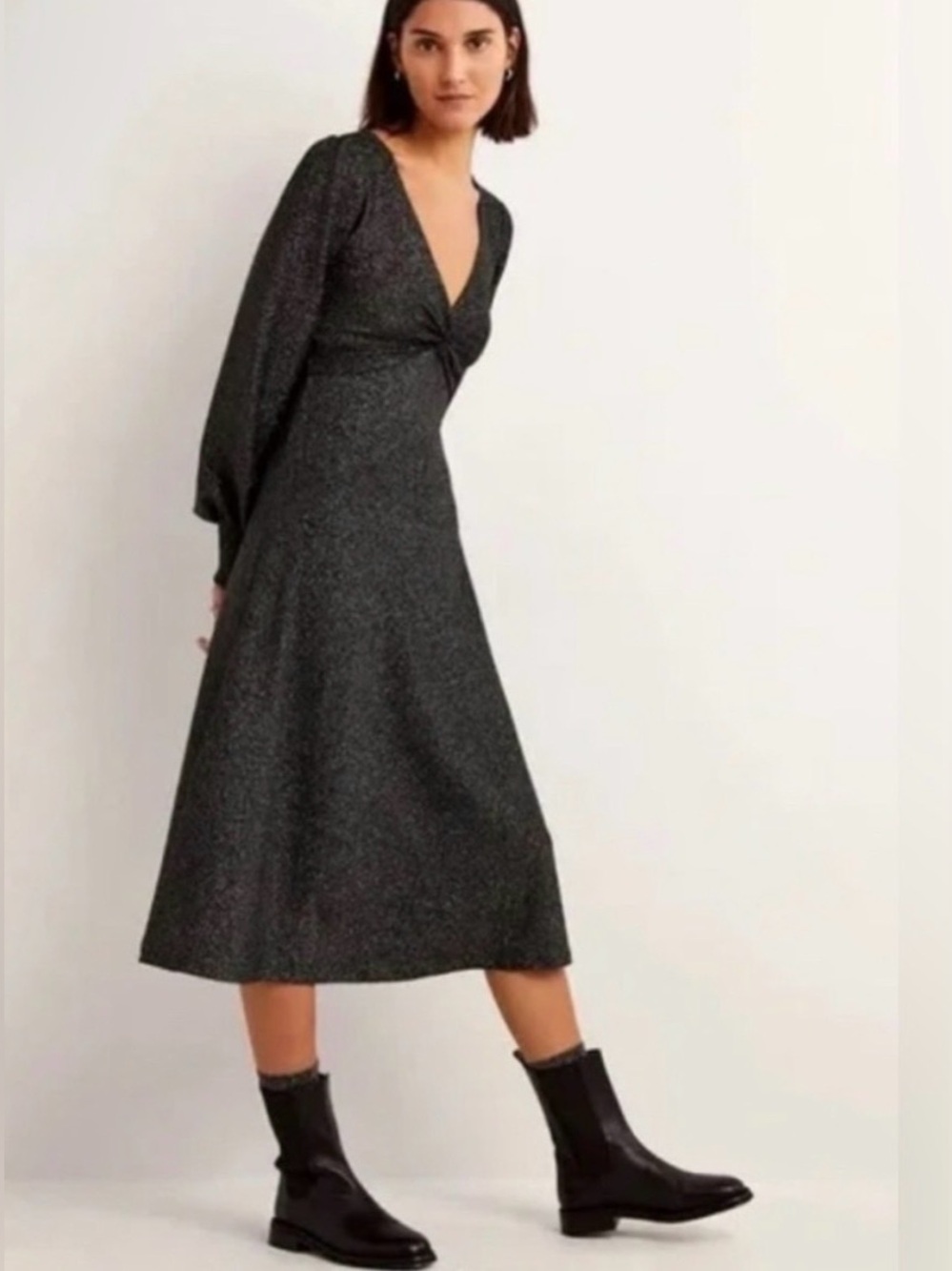 Boden Metallic Twist-Front Long Sleeve Midi Dress - Black Silver Plus Evening